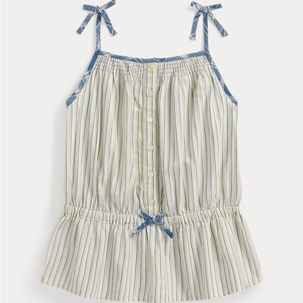 Ralph Lauren Striped Cotton Madras Top Peplum Cami Tie Shoulder Bows Size 18M